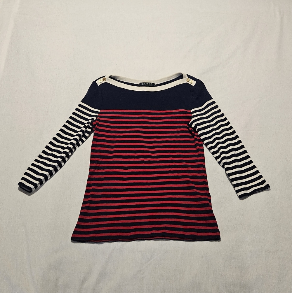 Ralph Lauren Striped Red and Navy Long Sleeve Top